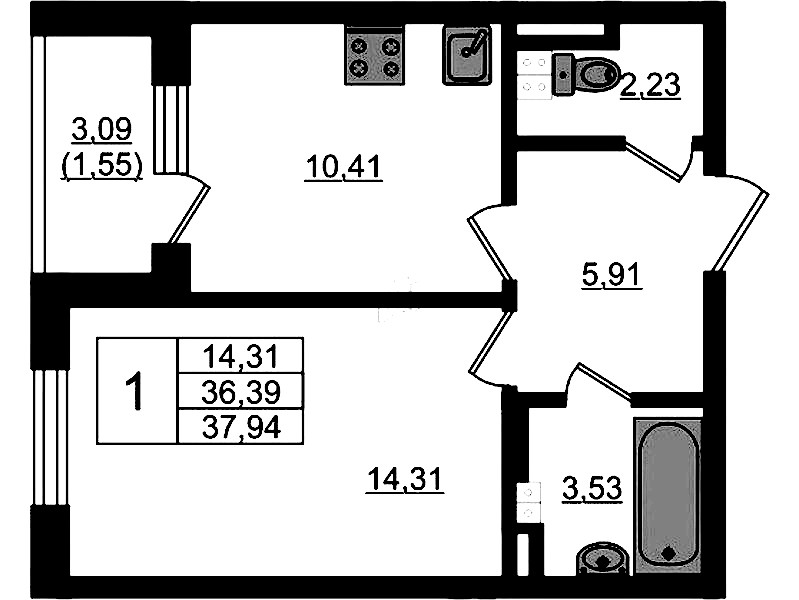 1-комнатная квартира 37.94 м², 3/4 эт., ЖК «Новая история»
